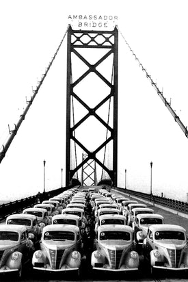 Lincoln-Zephyr Fleet Lined Up on Ambassador Bridge (1936) - Canvas Print
